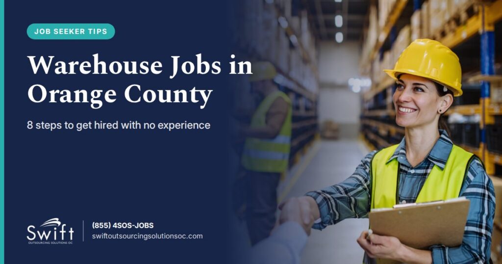 Warehouse jobs in Orange County – warehouse worker with a clipboard shaking hands with a manager